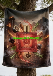 Versace Eros Flame Eau de Parfum Red and Gold Bottle Print Flannel Throw Blanket with Citrus and Herb Accents IMG_1600